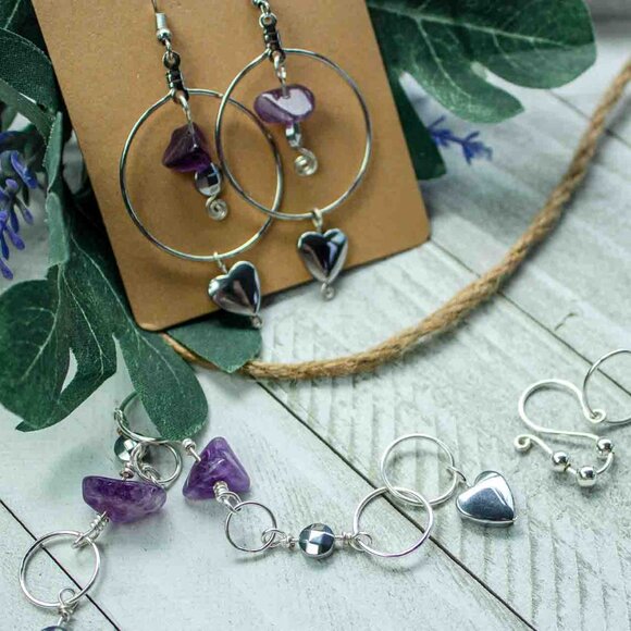 Amethyst Chip Silver Hoop Earrings & Necklace Set with Silver-Plated Heart Charm - Picture 6 of 9